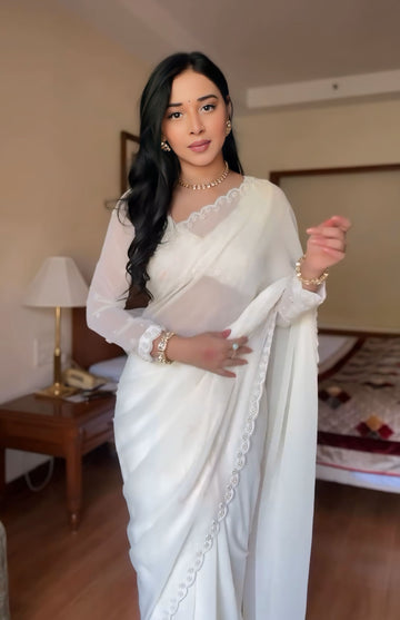 Pure White GeorgetteEmbroidered Scallop Lace On The Borders Georgette Ready To Wear Saree With Unstitched Blouse