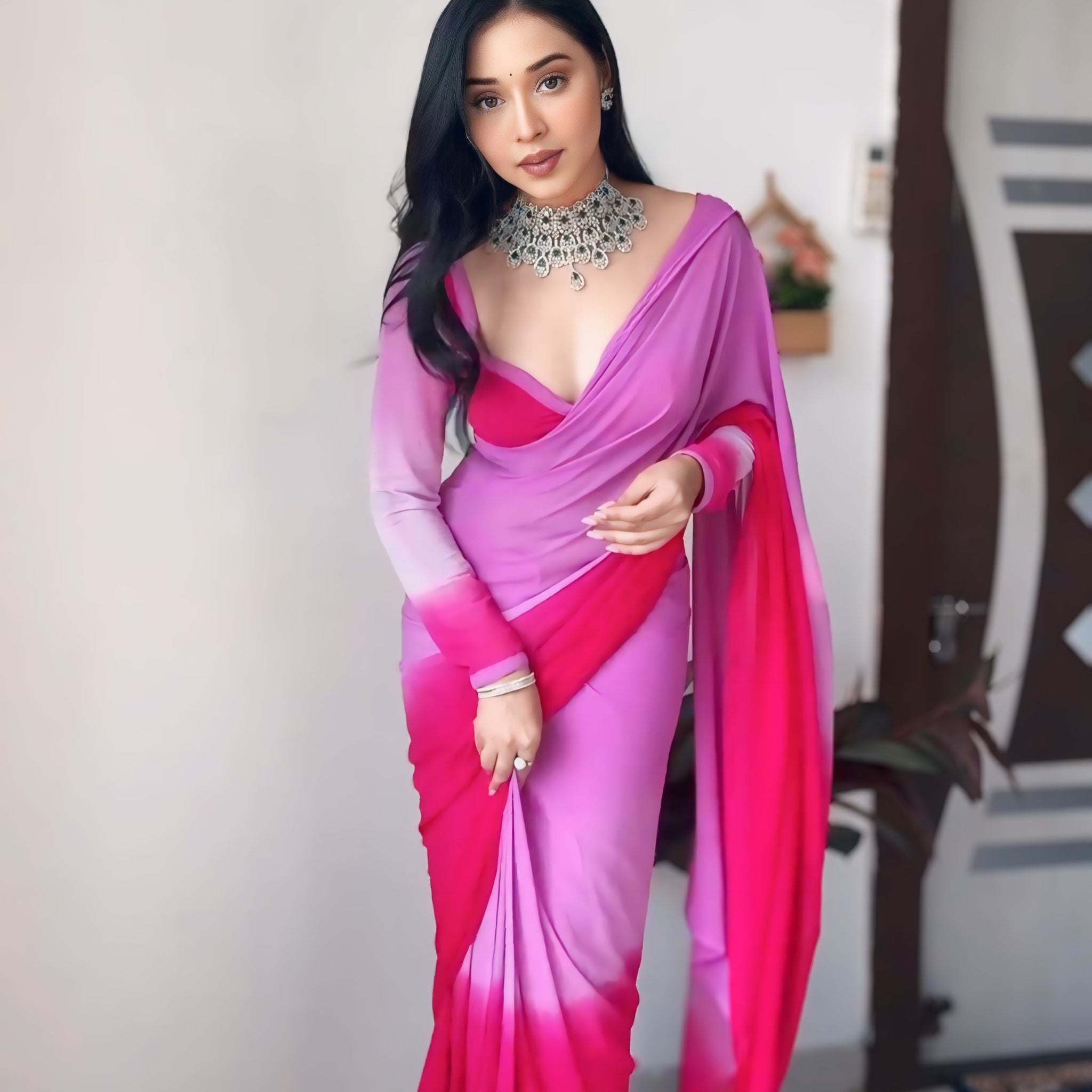 Pink And Magenta Ombre Blend Georgette Ready To Wear Saree With Unstitched Blouse