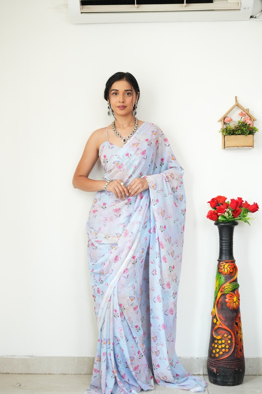 Light Blue With Multicolor Floral And Fan Motifs Georgette Ready To Wear Saree With Unstitched Blouse