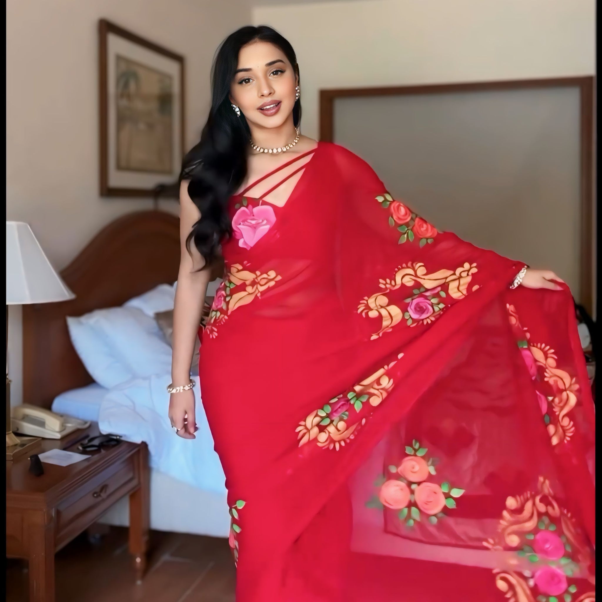 Red Color And Large Pink Floral Prints Georgette Ready To Wear Saree With Unstitched Blouse