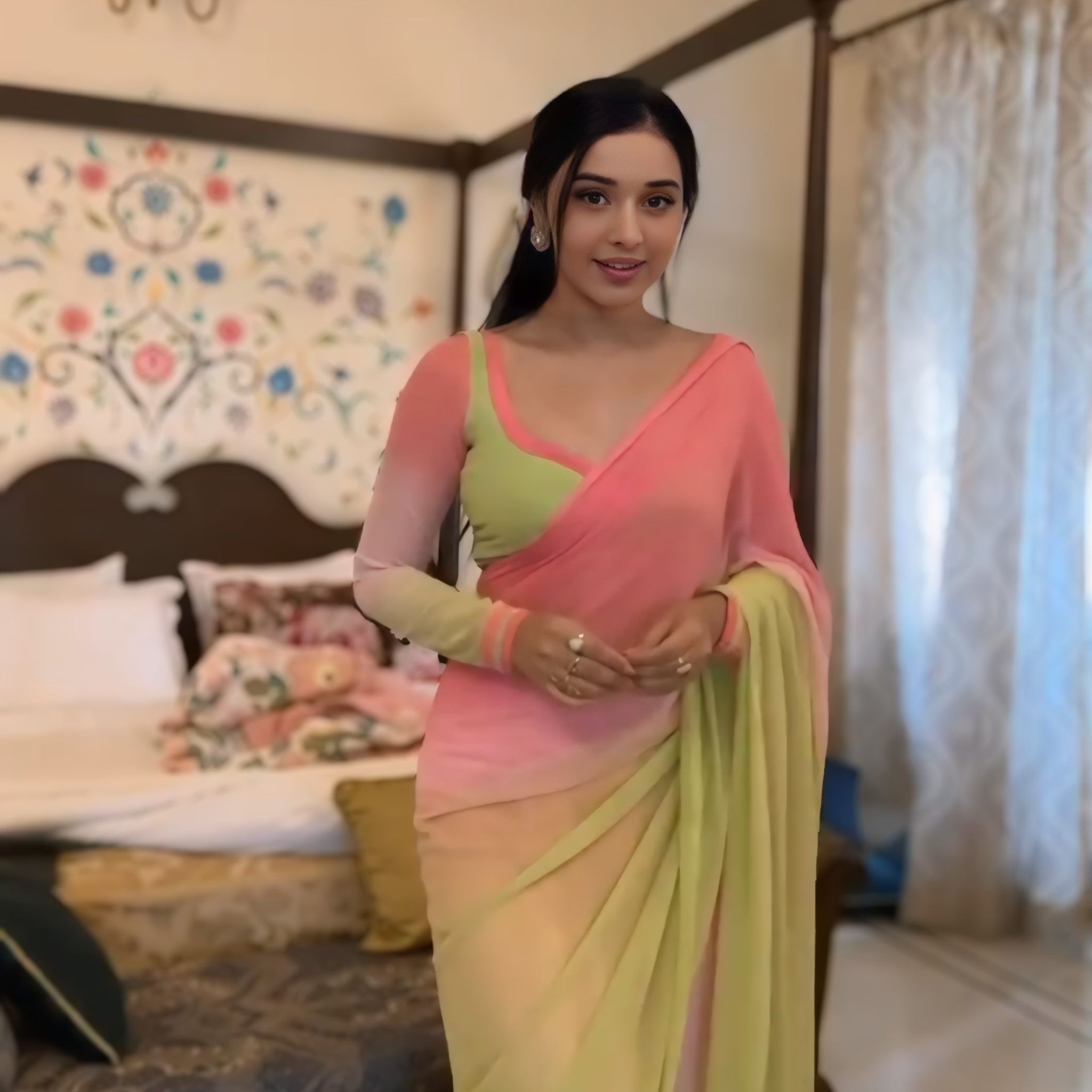 Pastel Yellow And Pink Shades Georgette Soft Ombre Blend Ready To Wear Saree With Unstitched Blouse