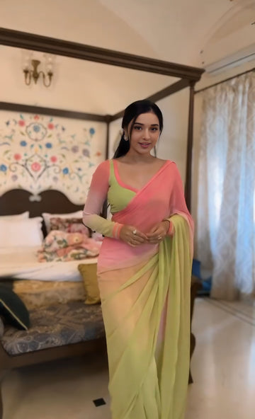 Pastel Yellow And Pink Shades Georgette Soft Ombre Blend Ready To Wear Saree With Unstitched Blouse