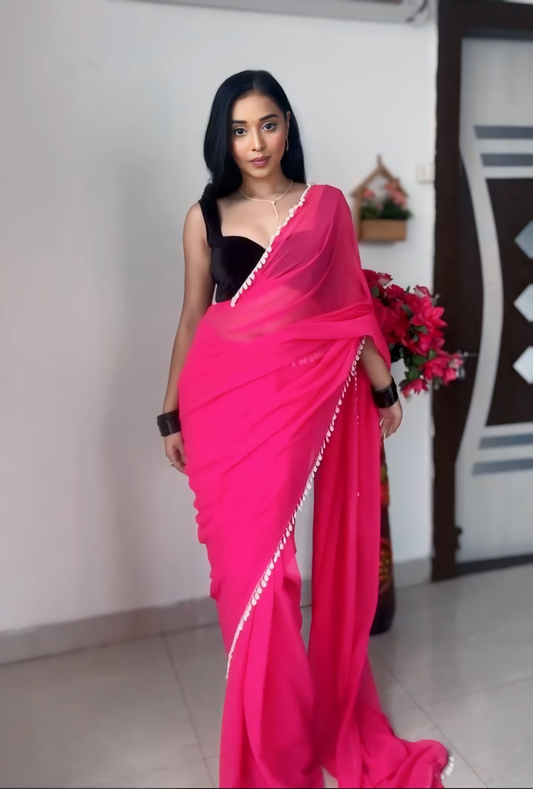 Hot Pink Color Border Solid Design Georgette Ready To Wear Saree With Unstitched Blouse