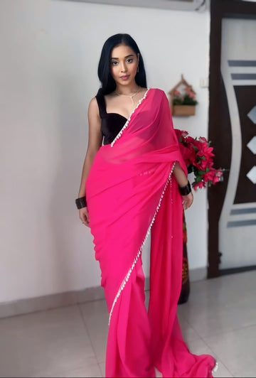 Hot Pink Color Border Solid Design Georgette Ready To Wear Saree With Unstitched Blouse