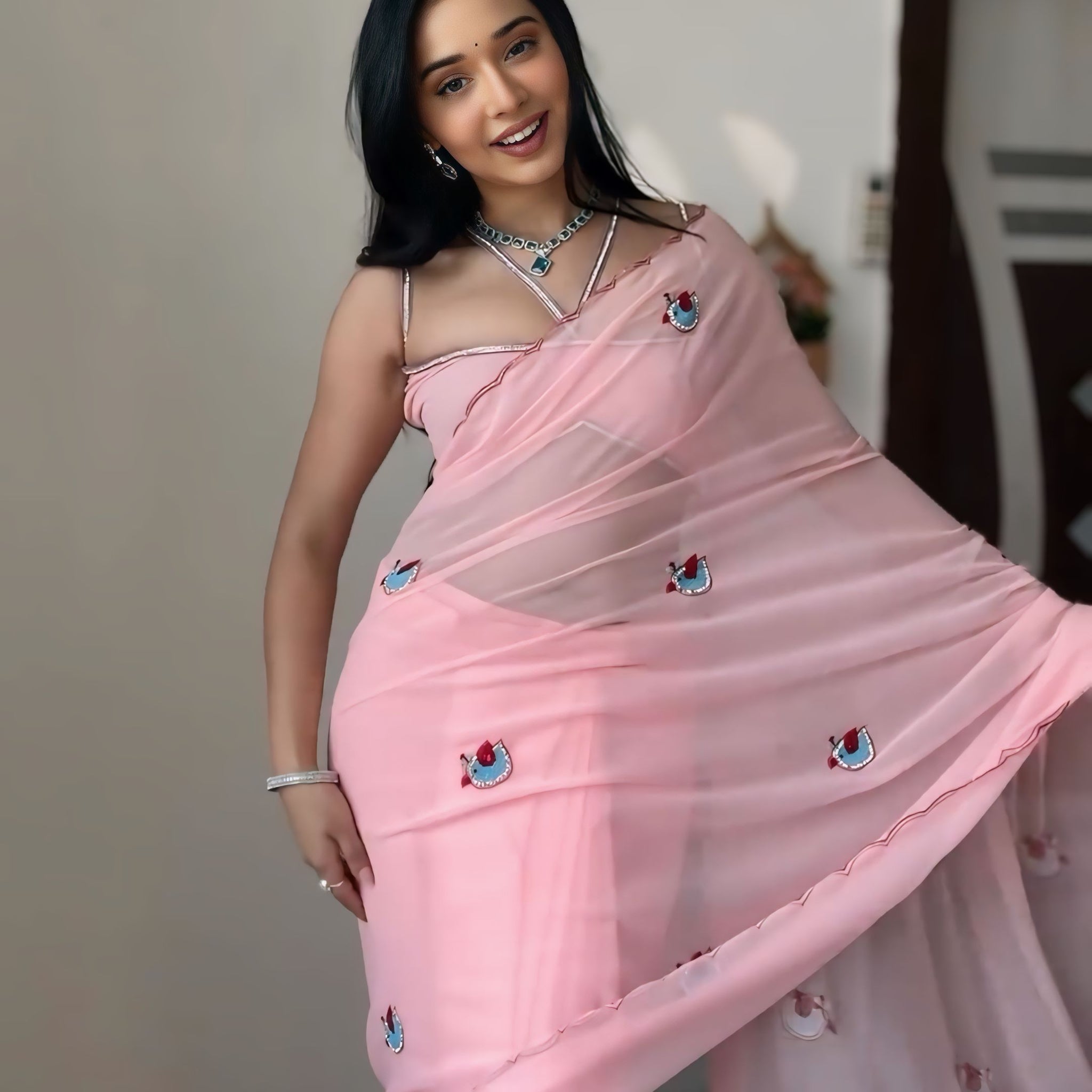 Light Pink White Embroidered Motifs Georgette Ready To Wear Saree With Unstitched Blouse