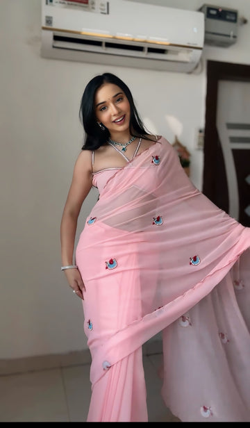 Light Pink White Embroidered Motifs Georgette Ready To Wear Saree With Unstitched Blouse