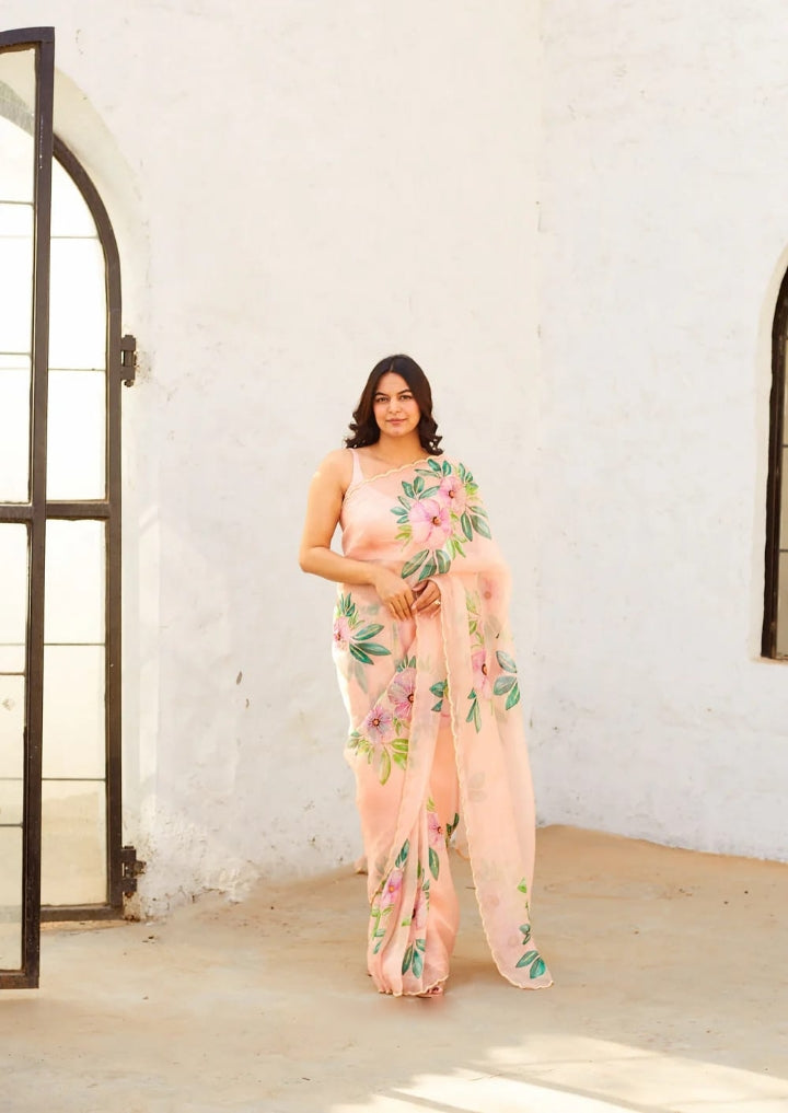 Peach Color Organza Saree Botanical Print Scalloped Golden Border Design Ready To Wear Saree With Stitched Blouse