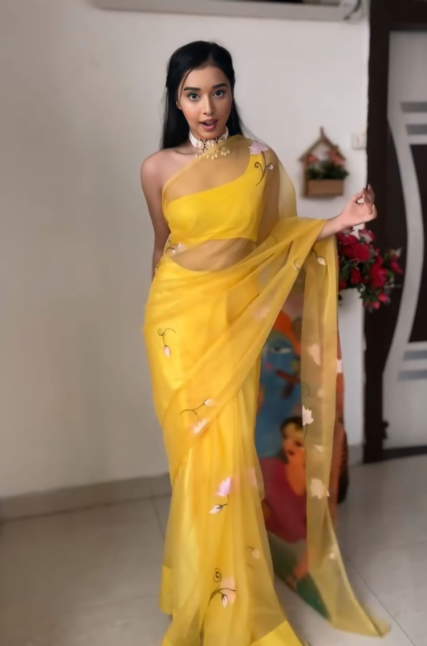 Yellow Color Subtle Floral Ornamentation Colorful Printed Pallu Organza Ready To Wear Saree With Unstitched Blouse