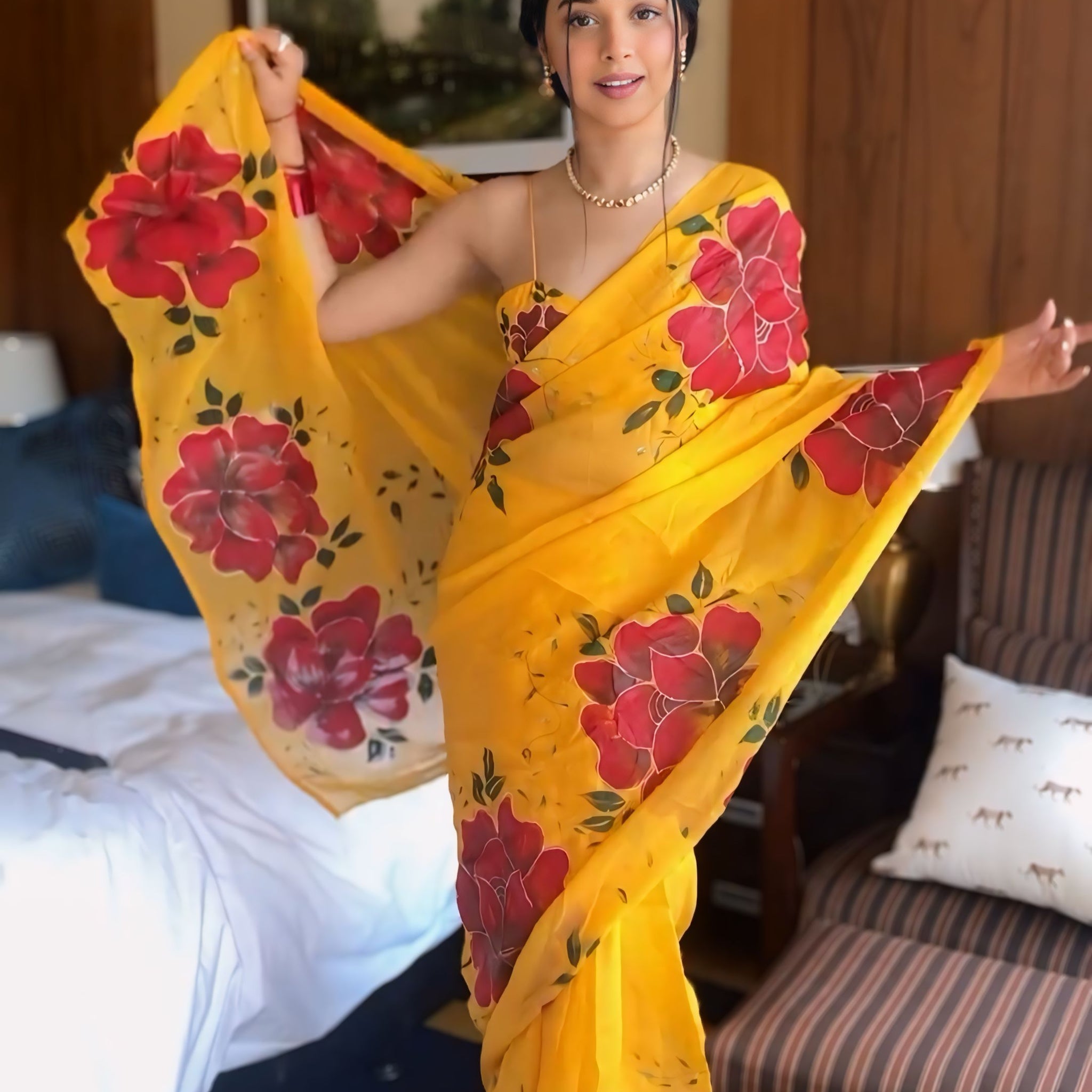 Yellow Color, Featuring Bold Red Floral Prints  Georgette Ready To Wear Saree With Unstitched Blouse