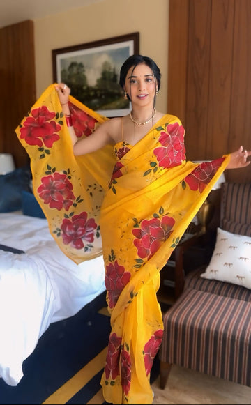 Yellow Color, Featuring Bold Red Floral Prints  Georgette Ready To Wear Saree With Unstitched Blouse