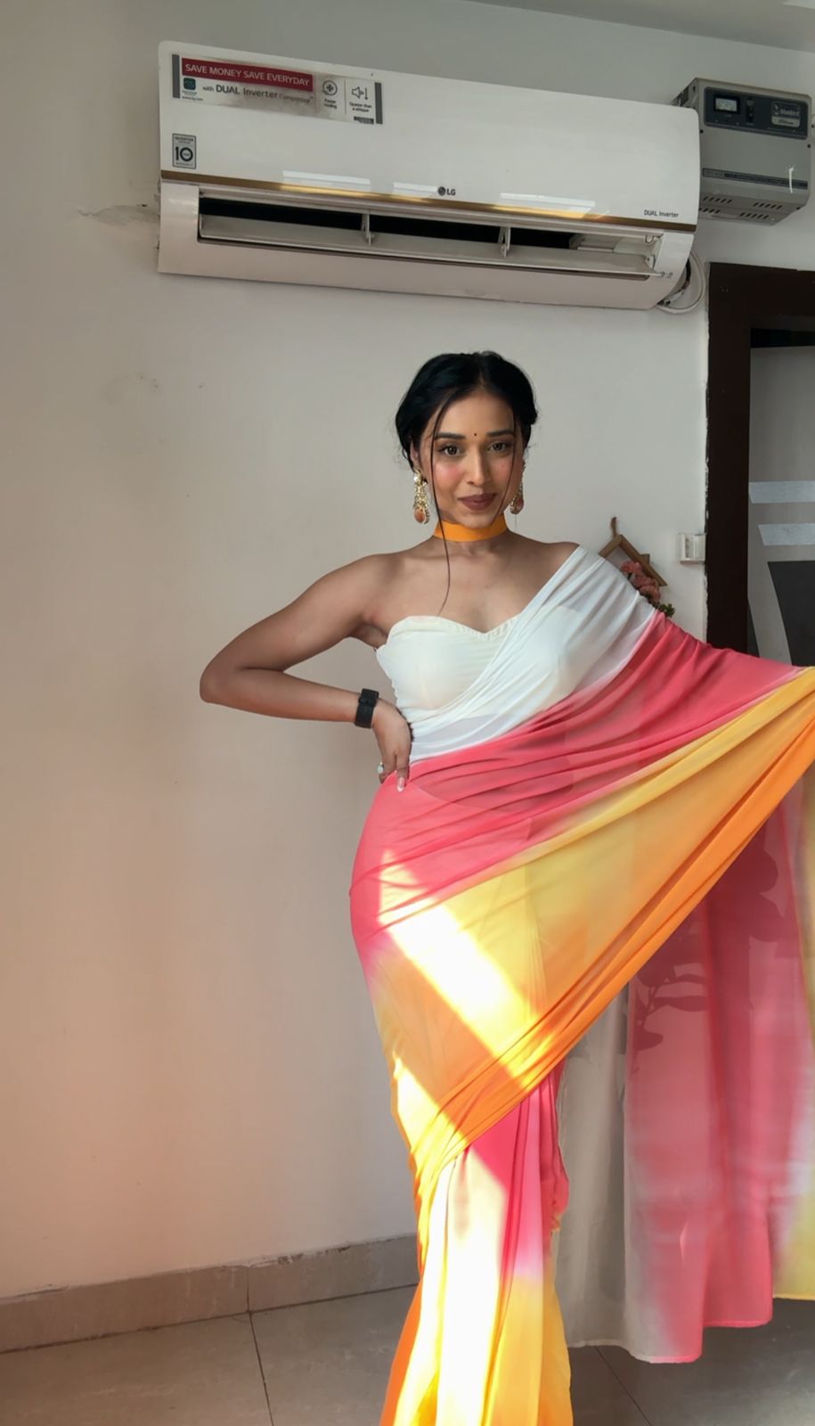 White, Pink, Yellow, And Orange Color Ombre Saree Georgette Ready To Wear Saree With Unstitched Blouse