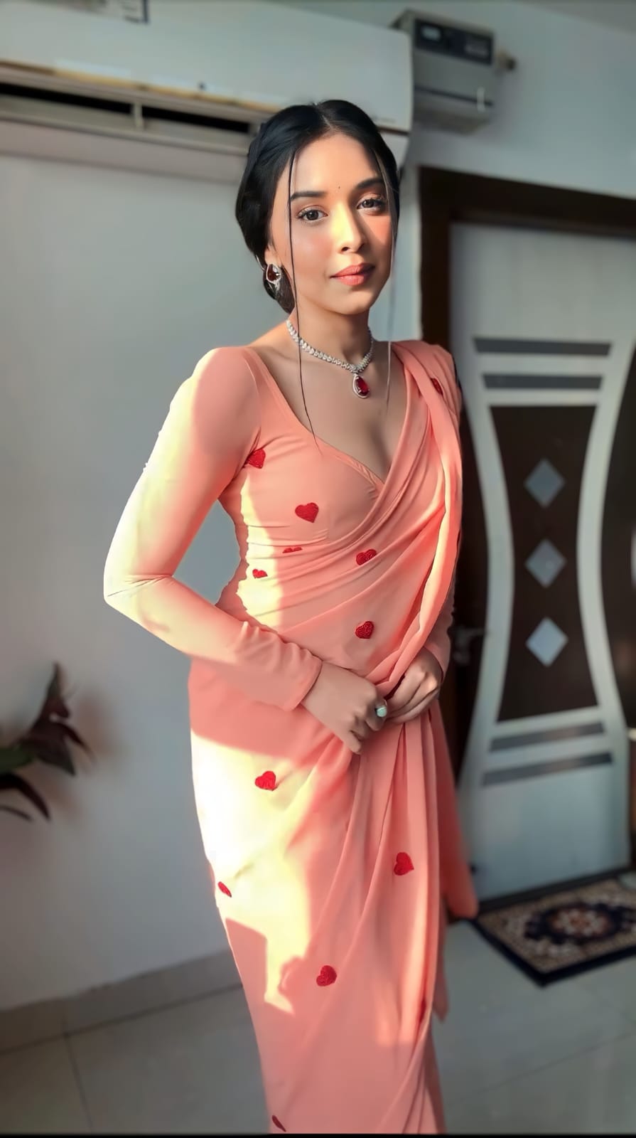 Peach Heart Small Red Heart Motifs Georgette Ready To Wear Saree With Unstitched Blouse