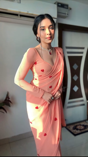 Peach Heart Small Red Heart Motifs Georgette Ready To Wear Saree With Unstitched Blouse