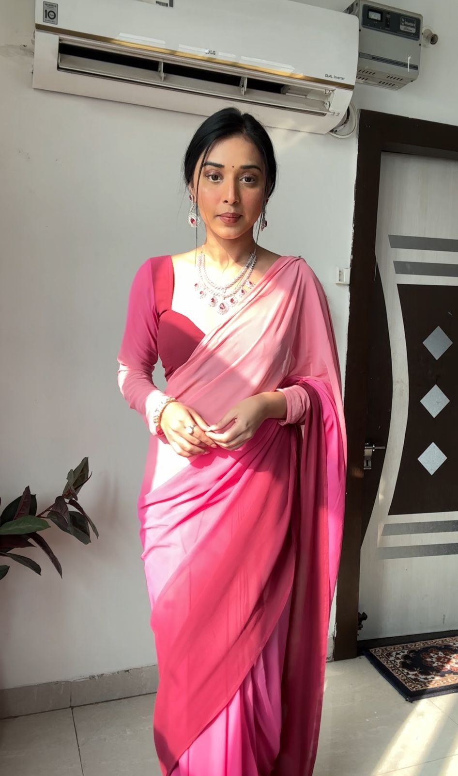 Light Pink And Dark Pink Omberv Print Georgette Ready To Wear Saree With Unstitched Blouse