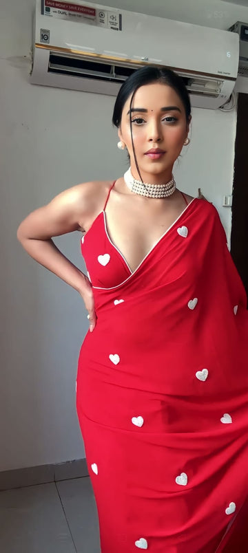Vibrant Red Small White Heart Motifs Georgette Ready To Wear Saree With Unstitched Blouse