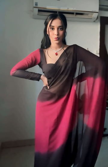 Maroon And Black Color Ombre Saree,Flowy Drape Georgette Ready To Wear Saree With Unstitched Blouse