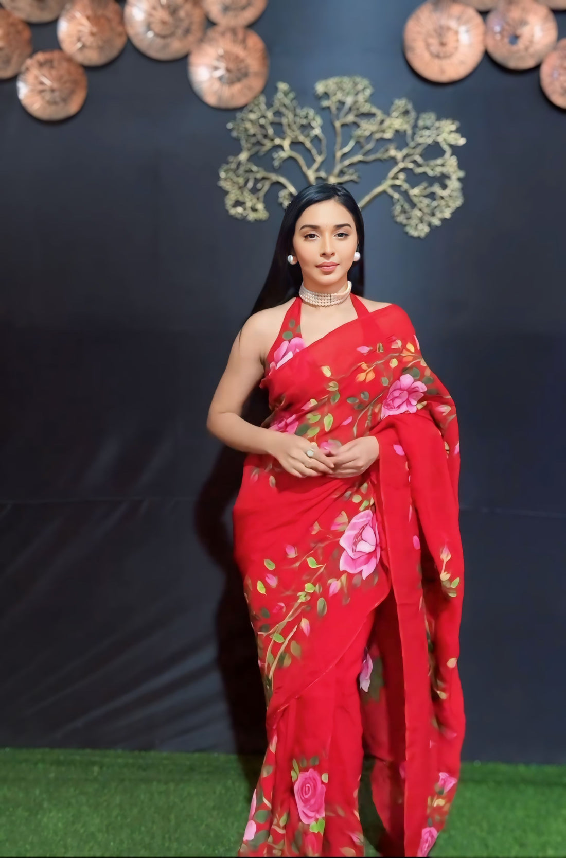 Red Color And Large Pink Floral Prints Georgette Ready To Wear Saree With Unstitched Blouse