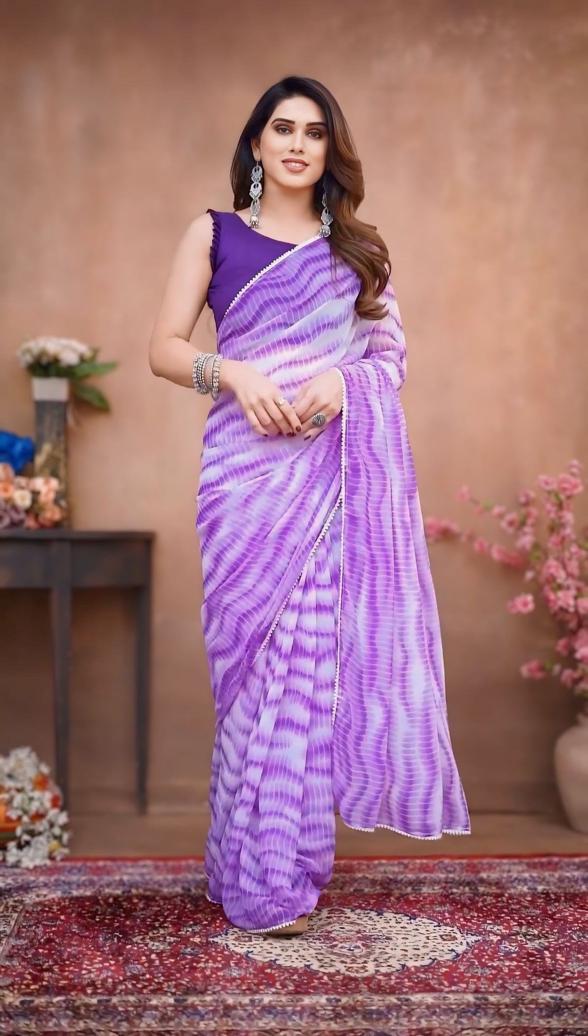 Lavender And White With Shibori-style Wavy Tie-dye Print Georgette Ready To Wear Saree With Unstitched Blouse