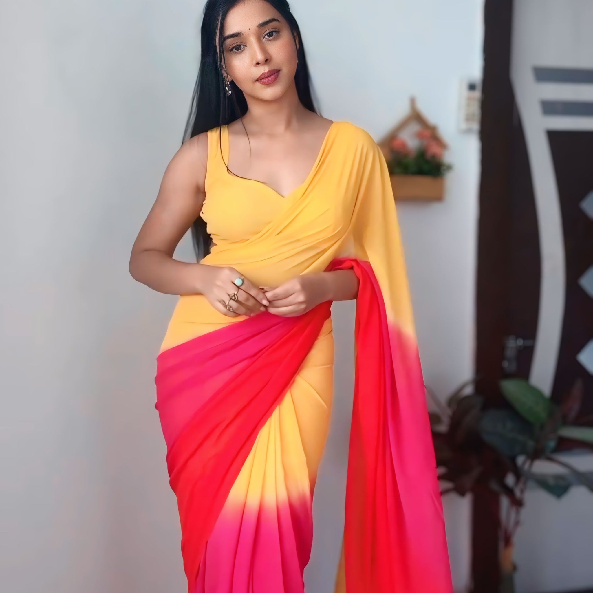 Yellow-to-pink Ombre Gradient Georgette Ready To Wear Saree With Unstitched Blouse