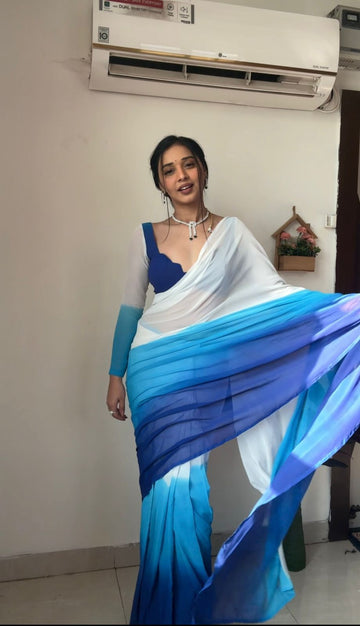 White To Blue Color Ombre Saree Georgette Ready To Wear Saree With Unstitched Blouse