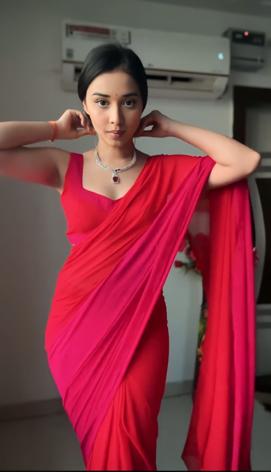 Red And Pink ,Omber Print Georgette Ready To Wear Saree With Unstitched Blouse