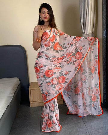 Light White Peach And Grey Rose Floral Prints Georgette Ready To Wear Saree With Unstitched Blouse