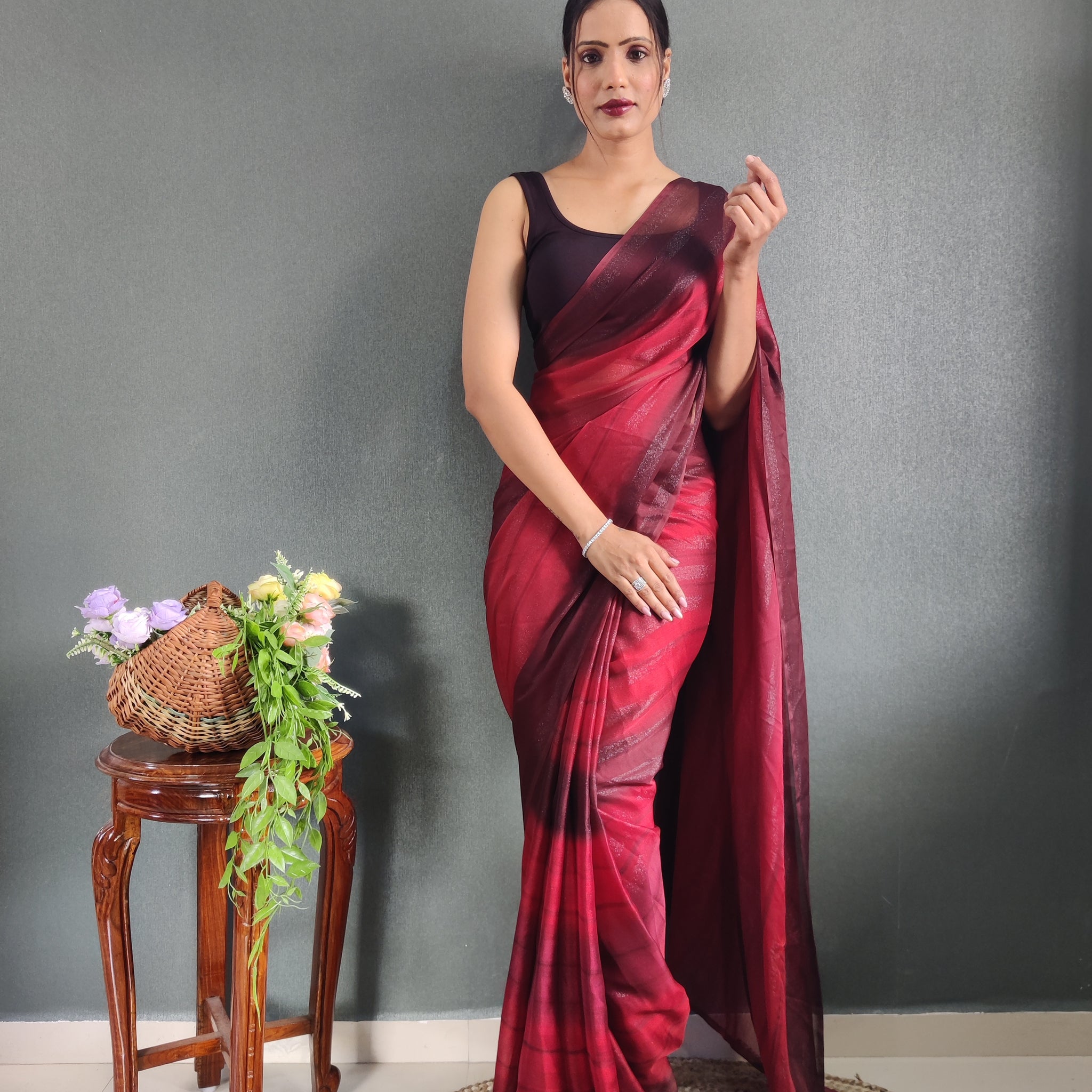 Wine Red To Deep Maroon Georgette Soft 'Ombre Pattern Ready To Wear Saree With Unstitched Blouse