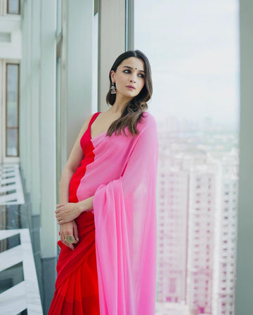Red And Soft Pink Omber Pattern Georgette Ready To Wear Saree With Unstitched Blouse