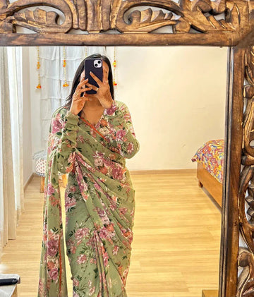 Pastel Green Shade And Pink And Maroon Floral Prints Georgette Ready To Wear Saree With Unstitched Blouse