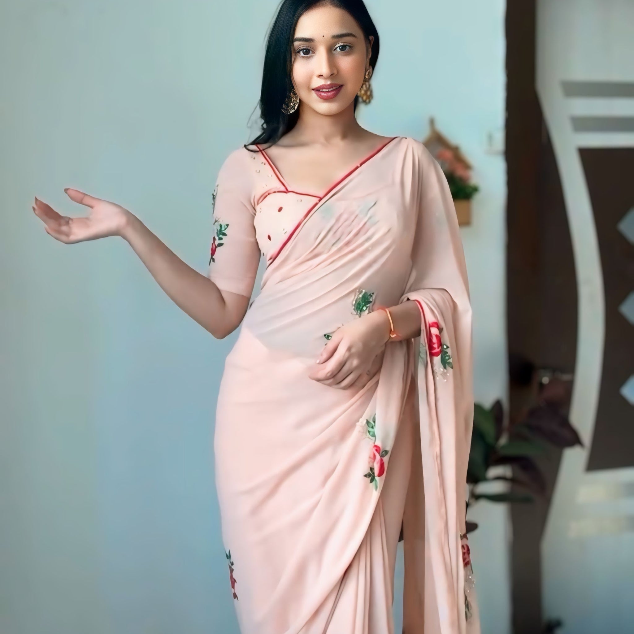 Pastel Peach Georgette Floral Embroidery Red Piping Border Ready To Wear Saree With Unstitched Blouse