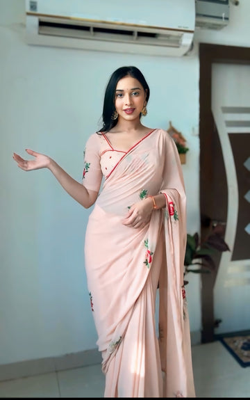 Pastel Peach Georgette Floral Embroidery Red Piping Border Ready To Wear Saree With Unstitched Blouse