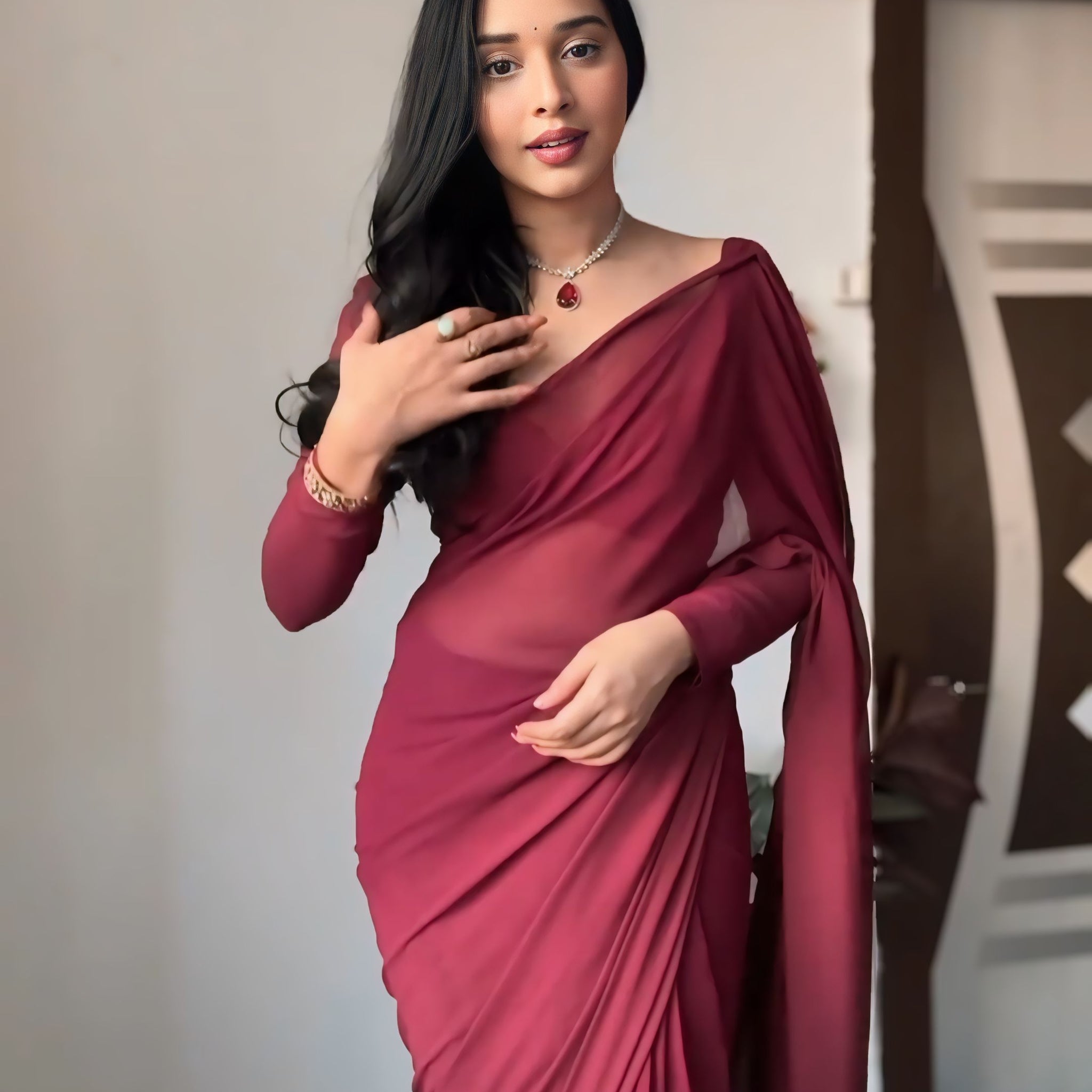 Wine Color, Plain Elegant  Georgette Ready To Wear Saree With Unstitched Blouse