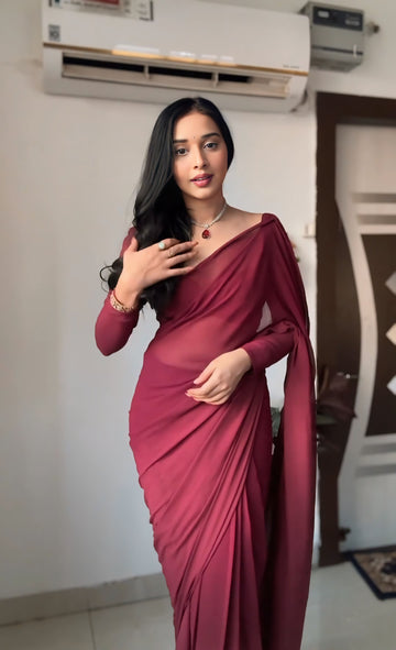 Wine Color, Plain Elegant  Georgette Ready To Wear Saree With Unstitched Blouse