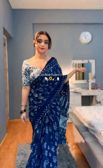 Navy Blue White Handblock-style Prints Linen Silk Ready To Wear Saree With Unstitched Blouse