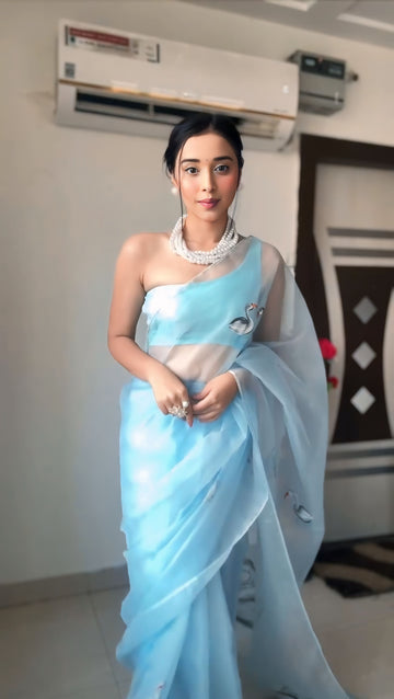 Sky Blue Organza Saree With Hand-painted Swans Ready To Wear Saree With Designer Unstitched Blouse