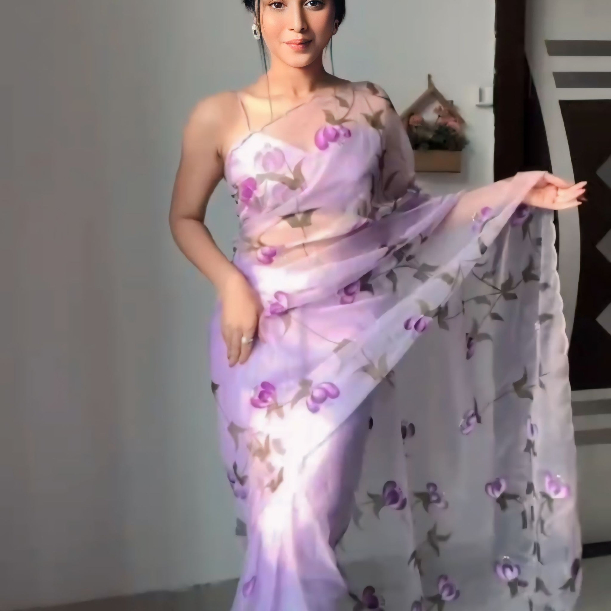 Pastel Lavender Shade With Delicate Purple Floral Prints Organza Ready To Wear Saree With Unstitched Blouse