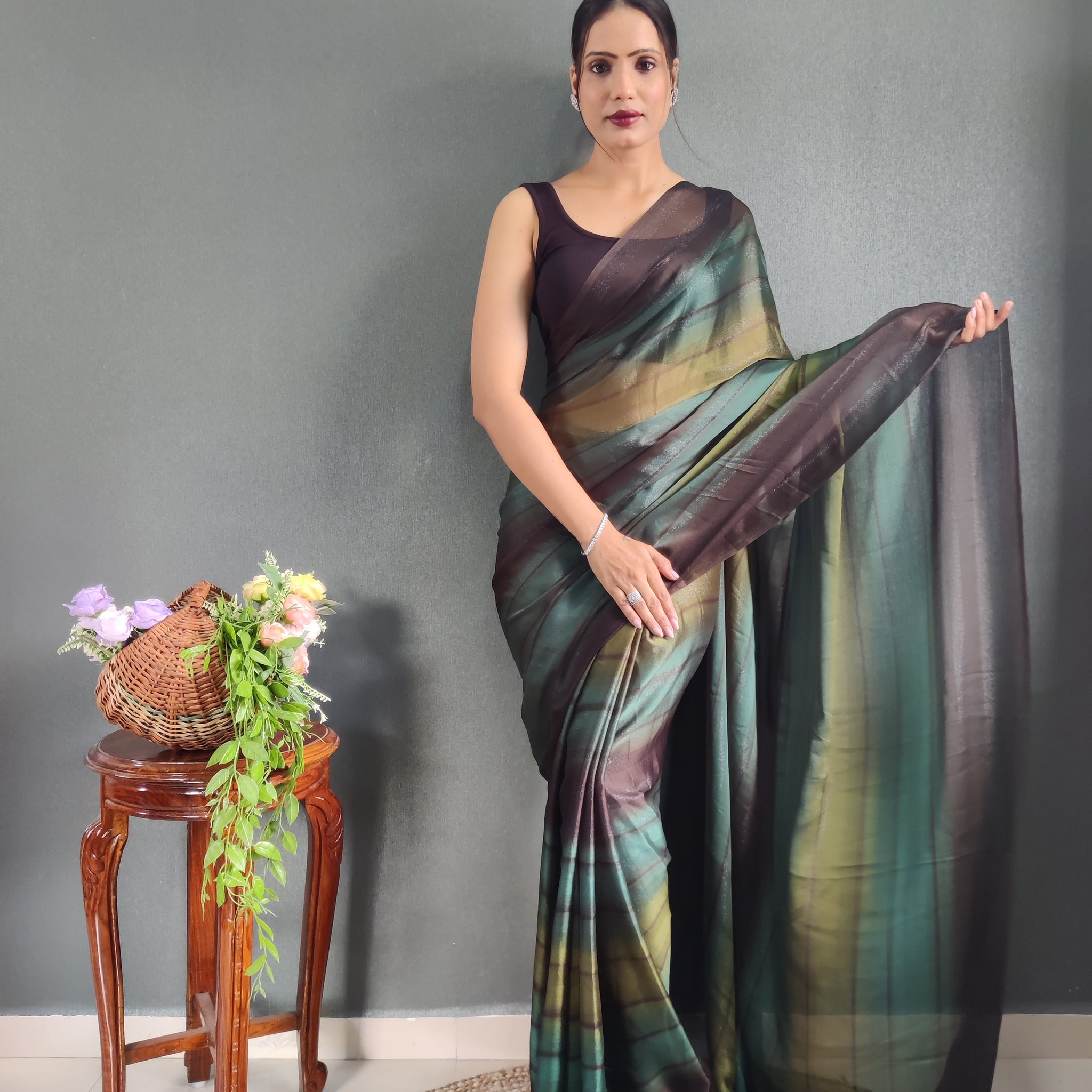 Forest Green, Olive, And Deep Brown Georgette Soft Ombre Pattern Ready To Wear Saree With Unstitched Blouse