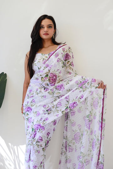 White And Light Purple Floral Prints With A Subtle Polka Dot Base Georgette Ready To Wear Saree With Unstitched Blouse