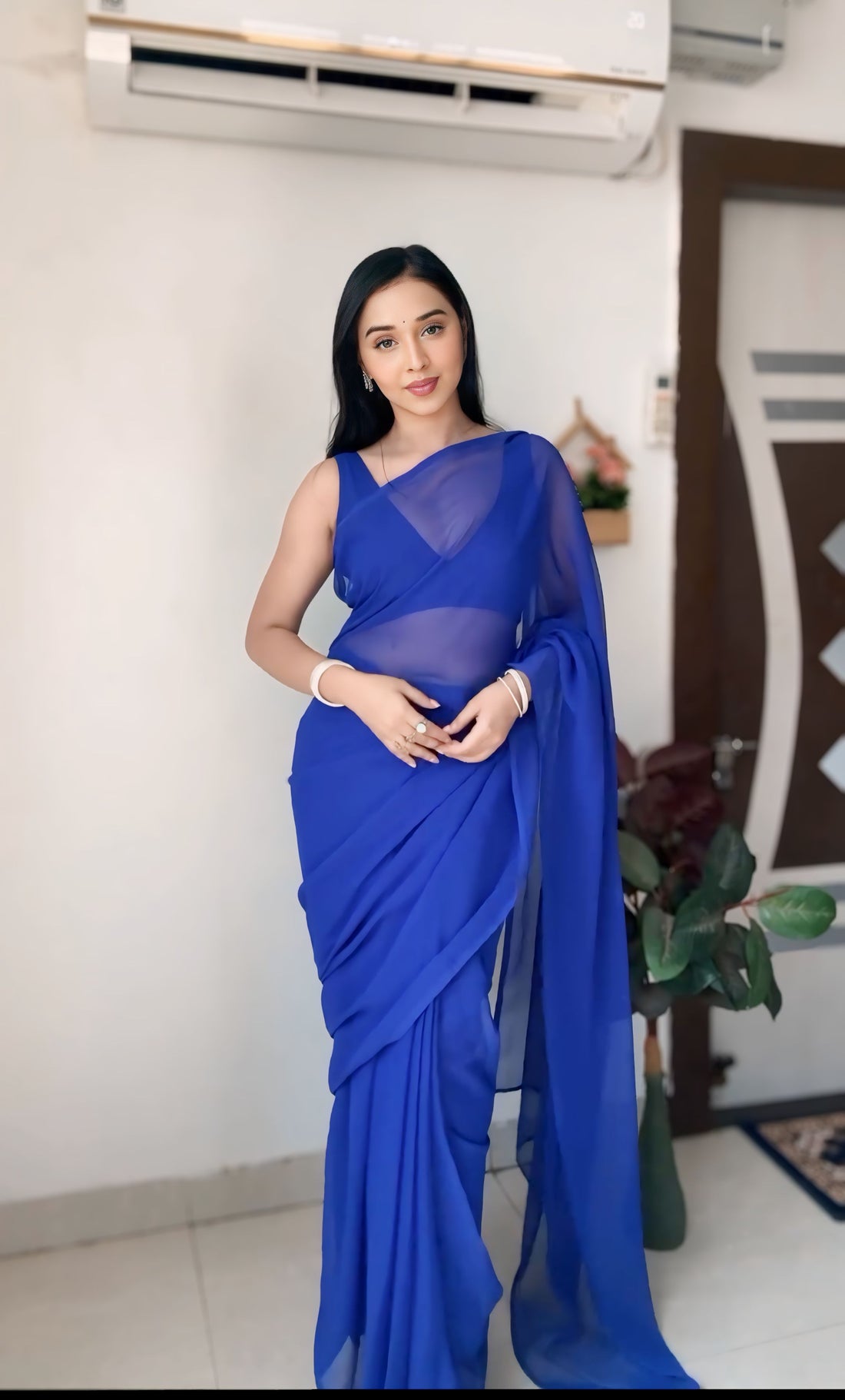 Royal Blue Color,Plain Elegant Georgette Ready To Wear Saree With Unstitched Blouse
