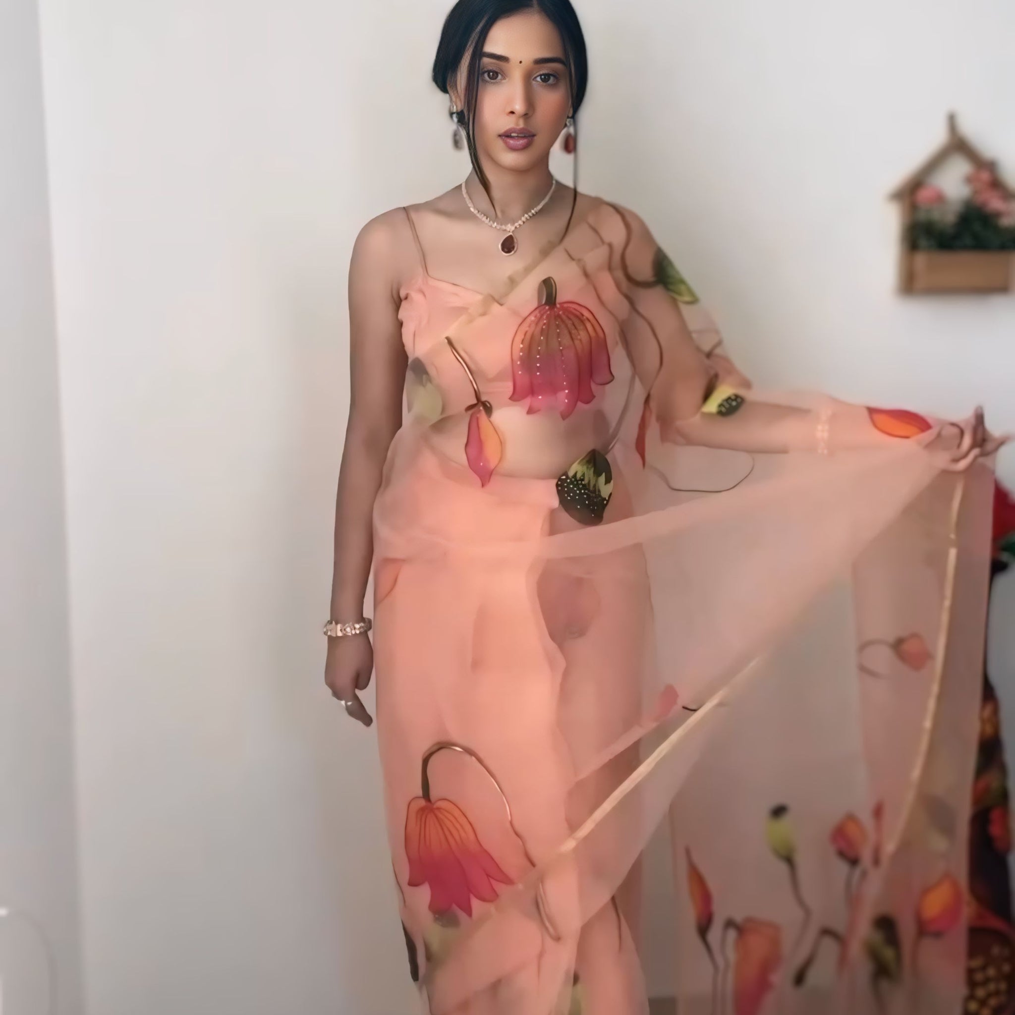 Peach Shade Hand-painted Floral Prints Organza Ready To Wear Saree With Unstitched Blouse
