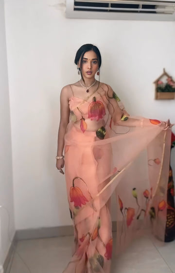 Peach Shade Hand-painted Floral Prints Organza Ready To Wear Saree With Unstitched Blouse