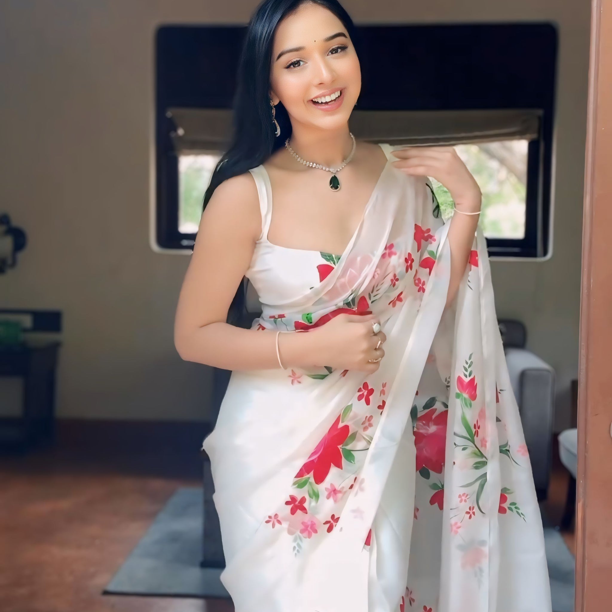 White Red And Pink Floral Prints Organza Ready To Wear Saree With Unstitched Blouse
