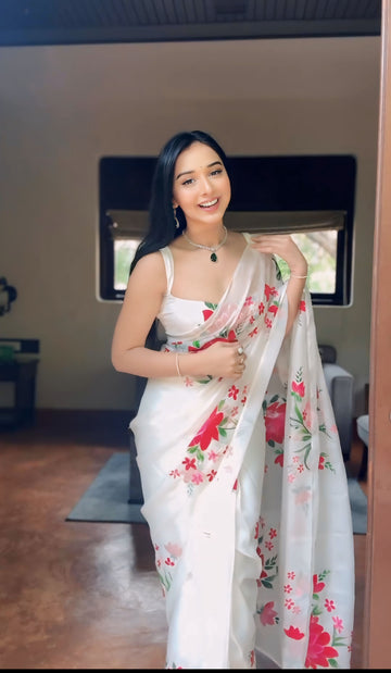 White Red And Pink Floral Prints Organza Ready To Wear Saree With Unstitched Blouse