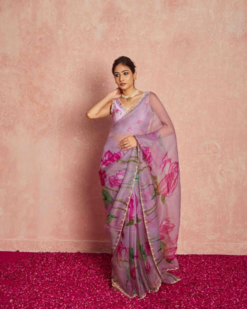Lavender Color Organza Hand-painted Lotus Motifs In Pink And Green Ready To Wear Saree With Stitched Blouse