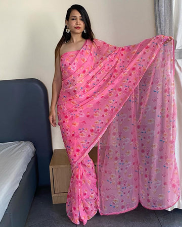 Light Pink Georgette Multicolor Floral Prints Lace Border Ready To Wear Saree With Unstitched Blouse