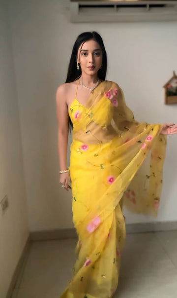 Yellow Color Floral Pink Floral Design Organza Ready To Wear Saree With Unstitched Blouse