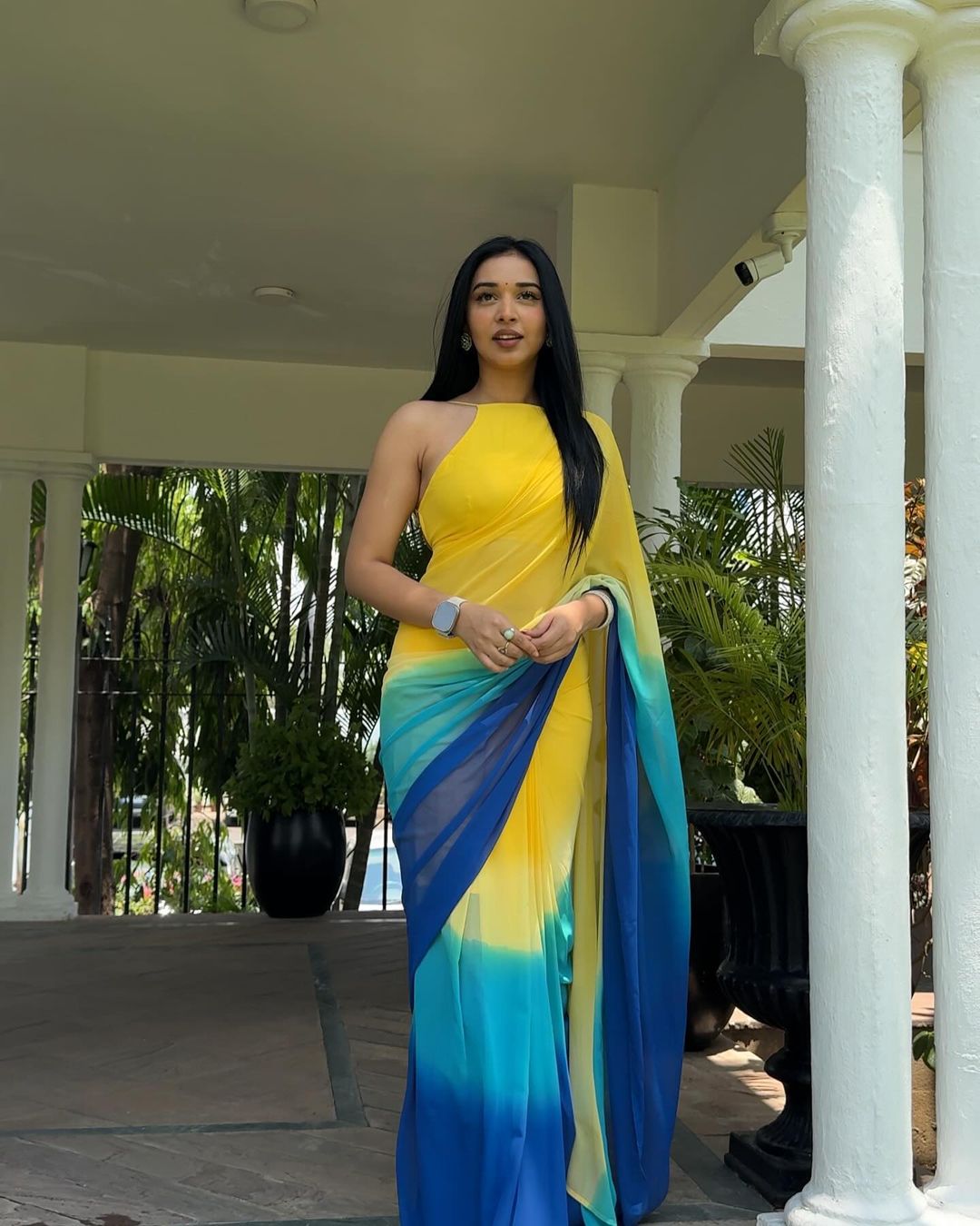 Yellow, Green, And Blue Shades Ombre Gradient Georgette Ready To Wear Saree With Unstitched Blouse