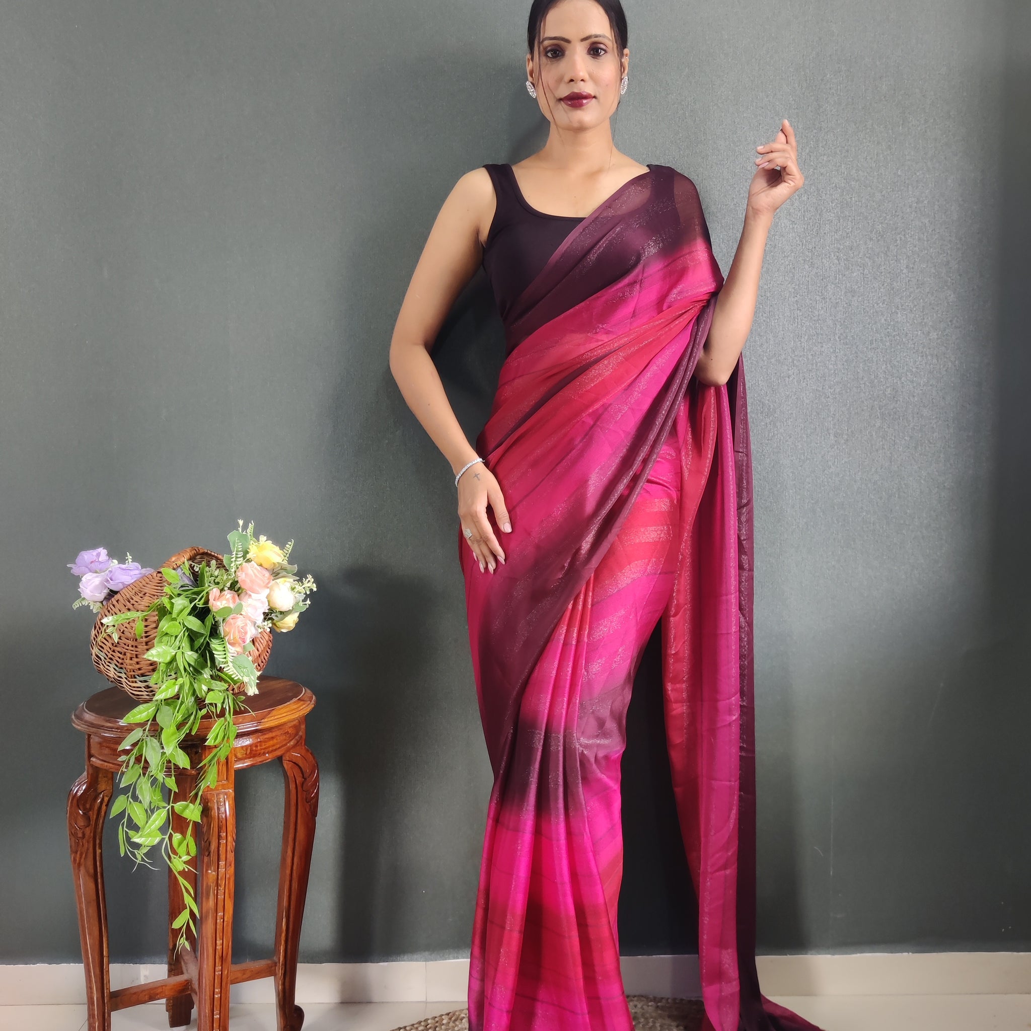 Magenta And Wine Shades Georgette Soft Ombre Pattern Ready To Wear Saree With Unstitched Blouse