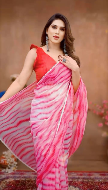Vibrant Pink And White Shibori Tie-dye Waves Georgette Ready To Wear Saree With Unstitched Blouse