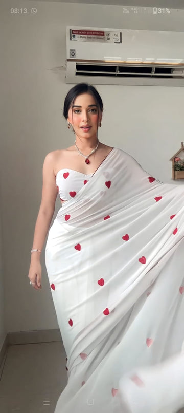 White Saree With Red Embroidered Hearts Ready To Wear Saree With Unstitched Blouse